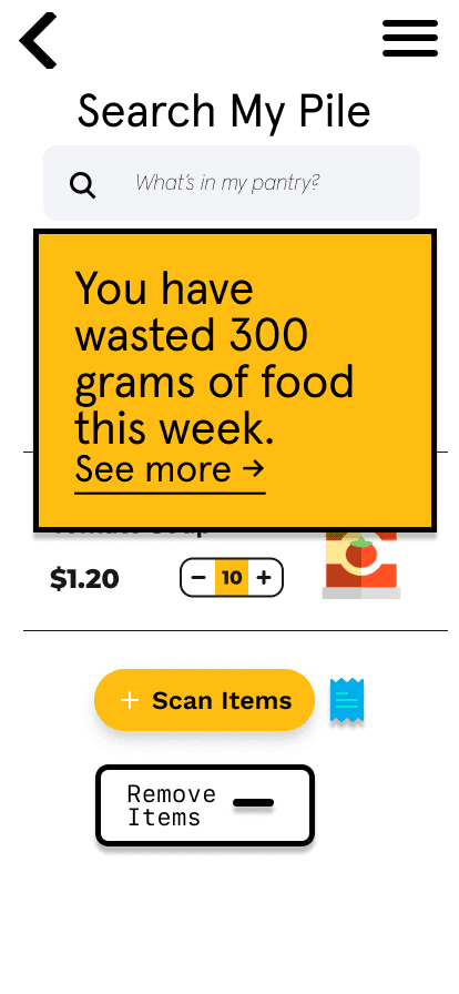 Foodpile pantry screen showing a weekly food-waste alert.